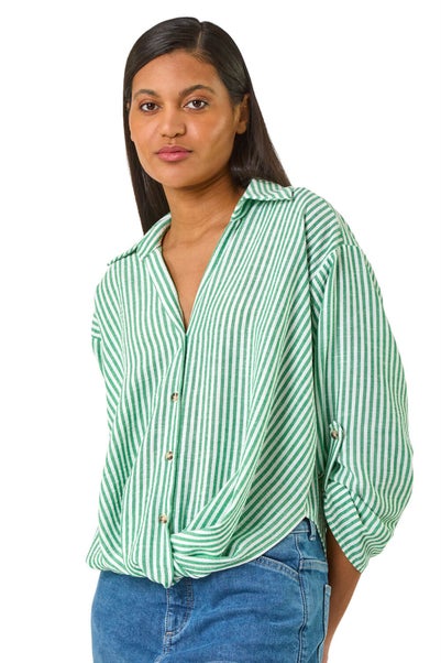 Roman Green Twisted Hem Striped Shirt