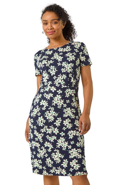 Roman Navy Petite Floral Print Pocket Stretch Dress