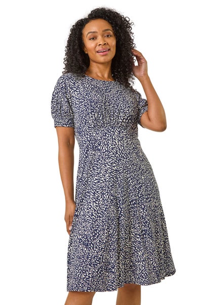 Roman Navy Petite Floral Print Shirred Stretch Dress