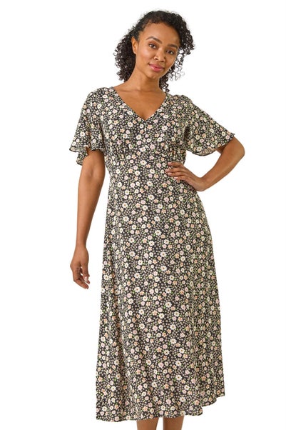 Roman Black Petite Ditsy Tea V-Neck Midi Dress