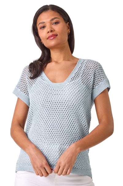 Roman Light Blue Double Layer Open Knit Top