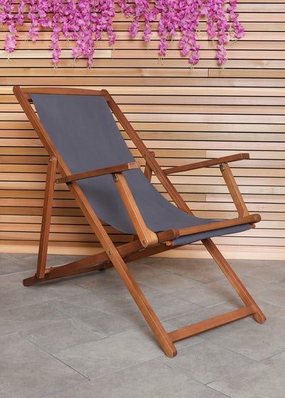 Charles Bentley Folding FSC Eucalyptus Wooden Deck Chair Beach Sun Lounger Grey