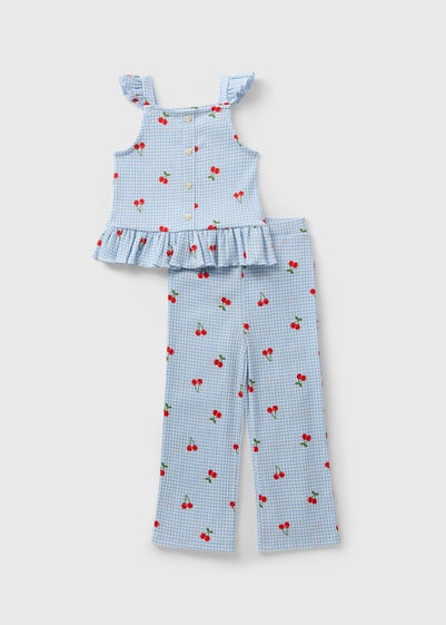 Girls Blue Crinkle Cherry Top & Trousers Set (1-7yrs)