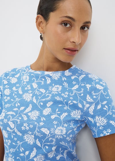 Blue Floral Print Fitted T-Shirt