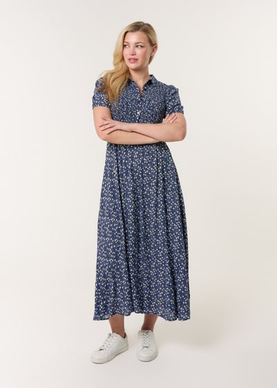 Blue Vanilla Blue Puff Sleeve Shirred Midi Shirt Dress
