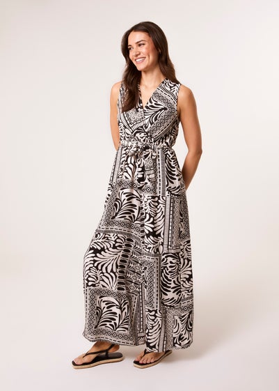 Blue Vanilla Black Sleeveless Leaf Print Jumpsuit