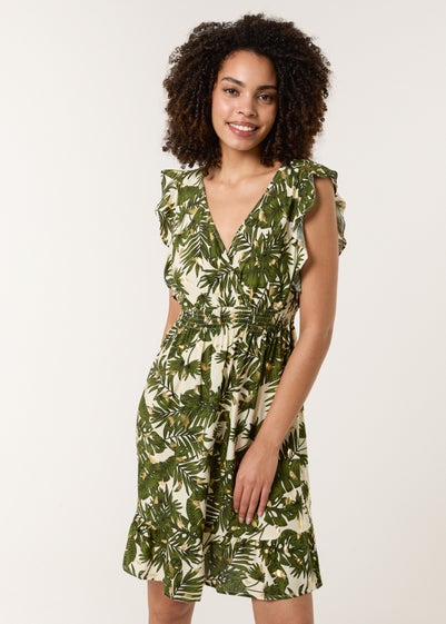 Blue Vanilla Khaki Tropical Dress With Palm Leaf Print