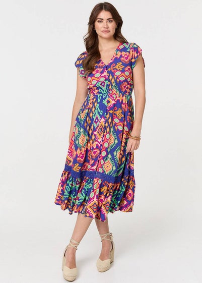 Izabel London Blue Ikat Print Lace Trim Midi Smock Dress