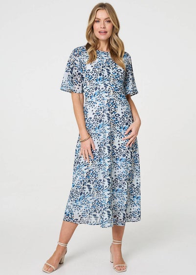 Izabel London Blue Animal Print Flared Sleeve Midi Dress