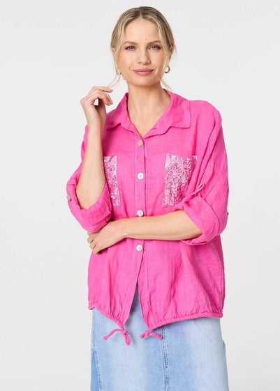 Izabel London Pink Sequin Detail 3/4 Turn-Up Sleeve Shirt