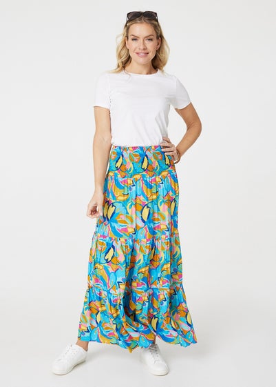 Izabel London Blue Abstract Shirred High Waist Maxi Skirt