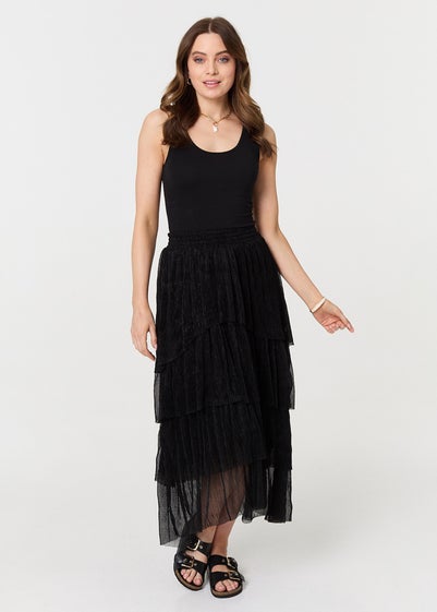 Izabel London Black Metallic Textured Tiered Midi Skirt