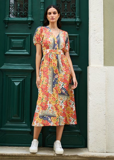 Yumi Multicolour Floral Patchwork Print Midi Shirt Dress