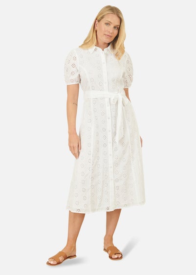 Yumi White Cotton Broderie Anglaise Midi Shirt Dress