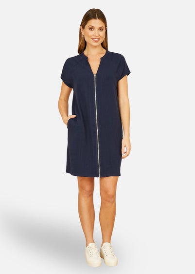 Yumi Navy Viscose Zip Tunic Dress