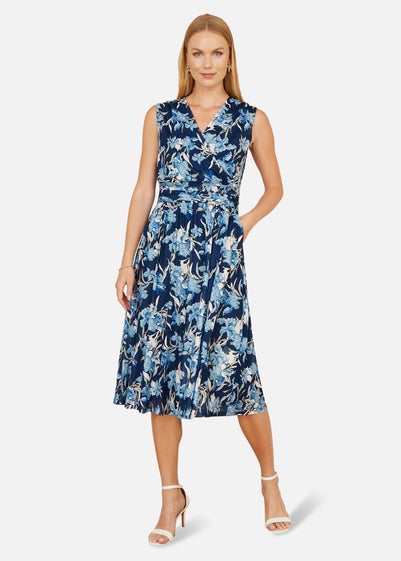 Yumi Blue Floral Mesh Wrap Skater Dress With Pockets