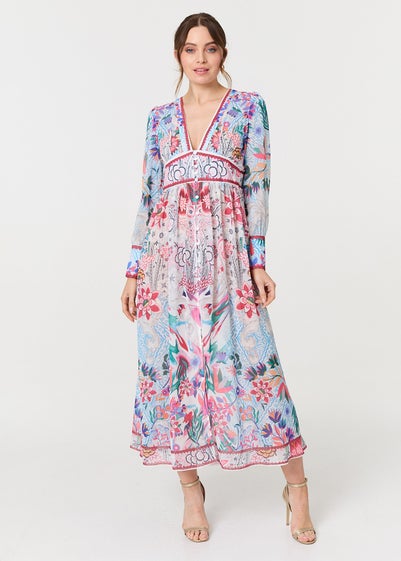 Izabel London Blue Floral Empire Waist Long Sleeve Maxi Dress