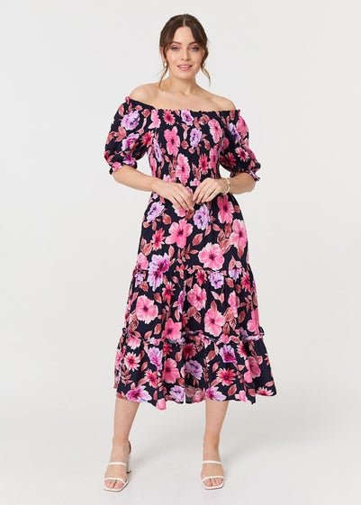 Izabel London Navy Floral Puff Sleeve Bardot Midi Dress