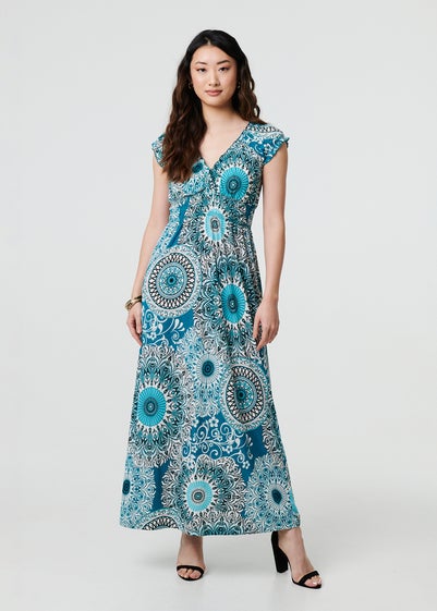 Izabel London Green Mosaic Print Cap Sleeve Empire Maxi Dress