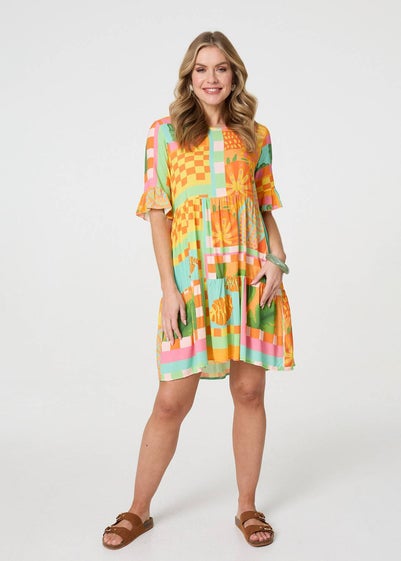 Izabel London Orange Tropical Tile Print Smock Dress
