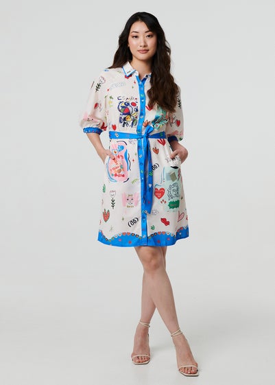 Izabel London White Abstract Tie Waist 3/4 Sleeve Shirt Midi Dress