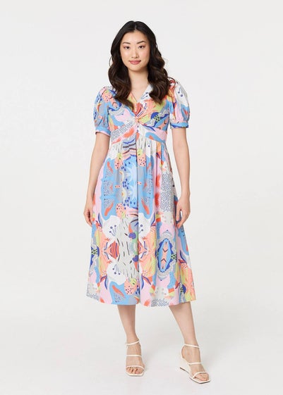 Izabel London Blue Abstract Ruched Front Empire Midi Dress