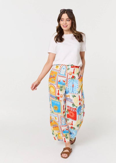 Izabel London Orange Riviera Print Wide Leg Trousers