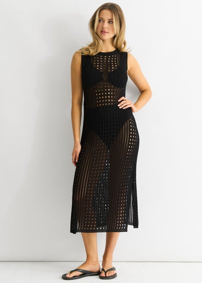 Gini London Black Crochet Knit Bodycon Midi Dress
