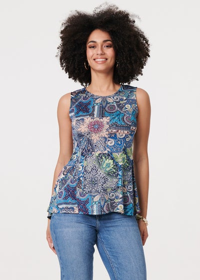 Izabel London Blue Paisley Sleeveless Round Neck Top