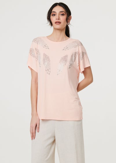Izabel London Pink Sparkly Feather Print Relaxed T-Shirt