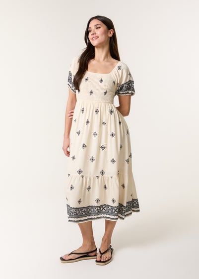 Blue Vanilla Cream Shirred Square Neck Border Print Puff Sleeve Midi Dress