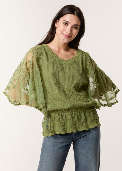 Blue Vanilla Khaki Floral Lace Butterfly Sleeve Blouse
