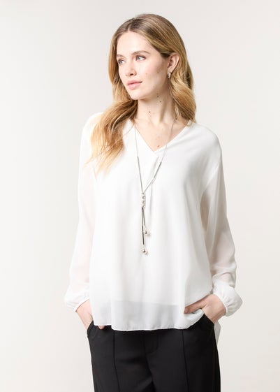Blue Vanilla Ivory Chiffon V Neck With Necklace