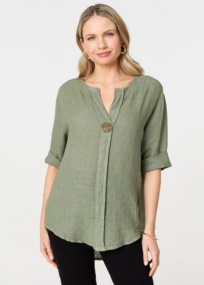 Izabel London Khaki Button Detail V-Neck Blouse