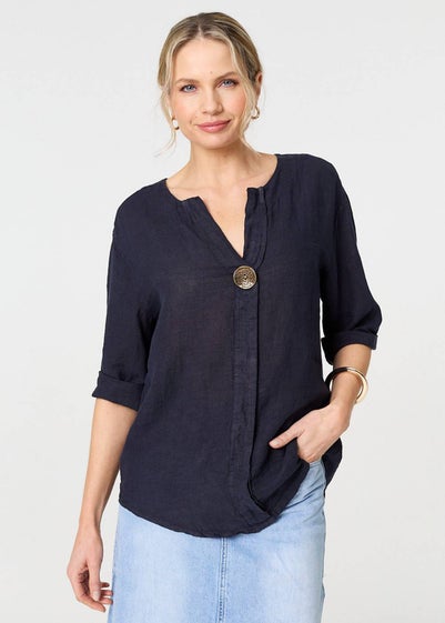 Izabel London Navy Button Detail V-Neck Blouse