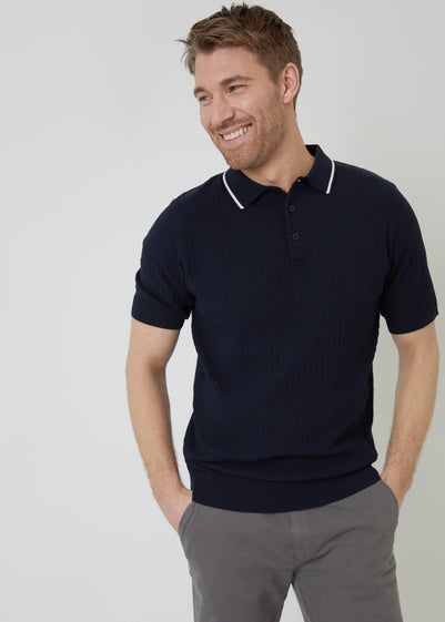 Threadbare Navy Textured Front Tipping Collar Knitted Polo Shirt