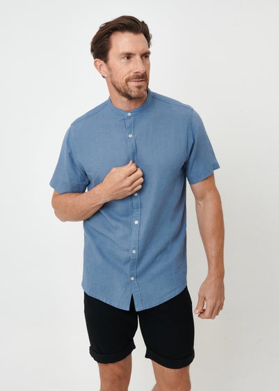 Threadbare Blue Grandad Collar Linen Blend Short Sleeve Shirt