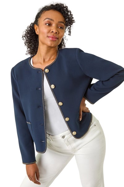 Roman Navy Petite Button & Pocket Jacket