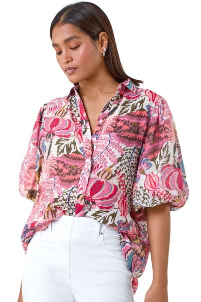 Roman Pink Floral Leaf Print Puff Sleeve Shirt