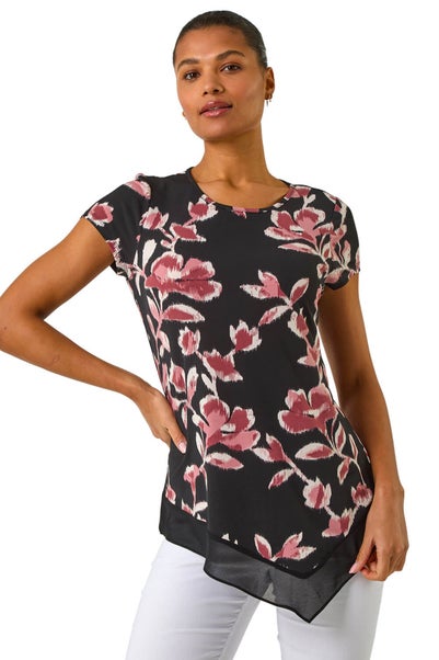 Roman Pink Abstract Print Chiffon Hem Top