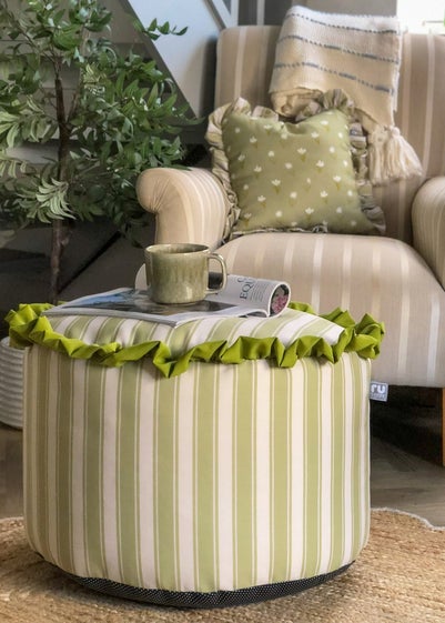rucomfy Printed Striped Olive Green Frilled Pouffe