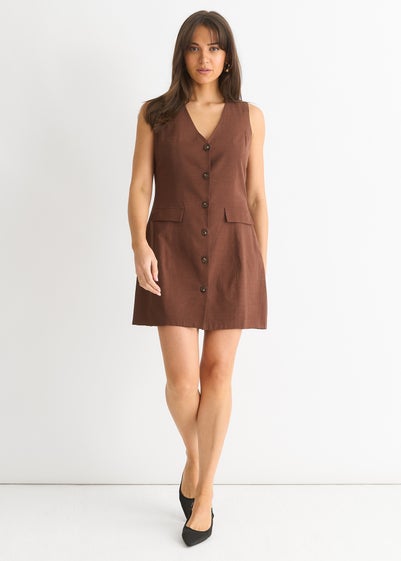 Gini London Chocolate Linen Button Through Mini shirt Dress