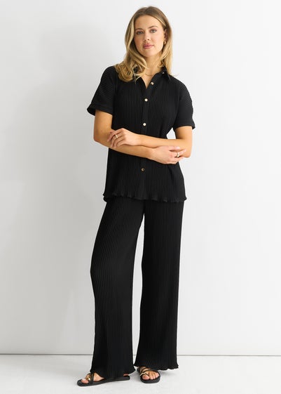 Gini London Black Plisse Loungewear Wide Leg Trousers