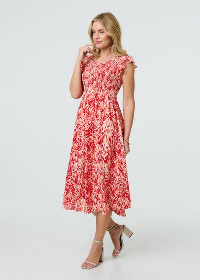 Izabel London Red Floral Ruffled Cap Sleeve Midi Dress