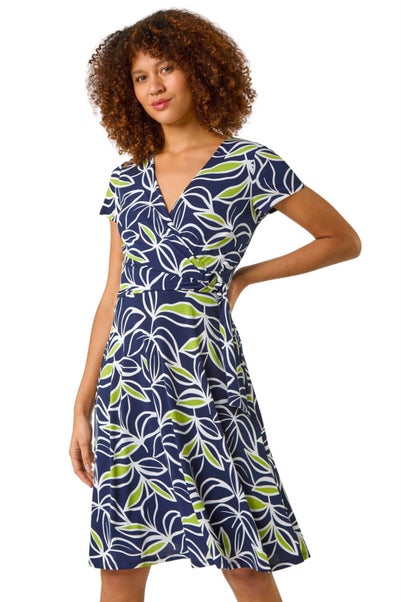 Roman Lime Leaf Print Wrap Bodice Dress