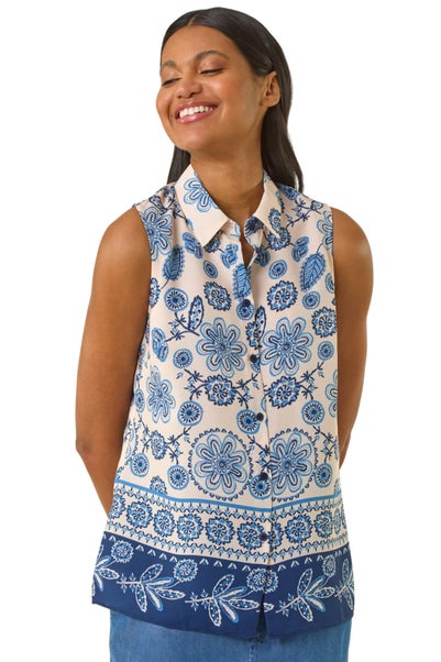 Roman Blue Border Print Collared Blouse