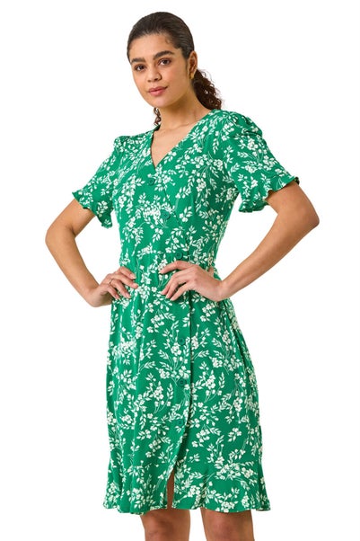 Roman Green Ditsy Floral Side Button Stretch Dress