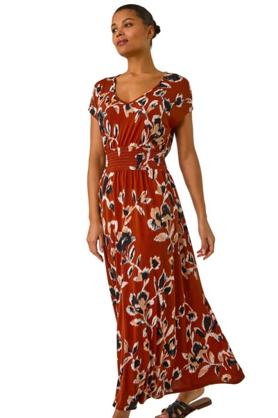 Roman Rust Abstract Stretch Ruched Waist Maxi Dress