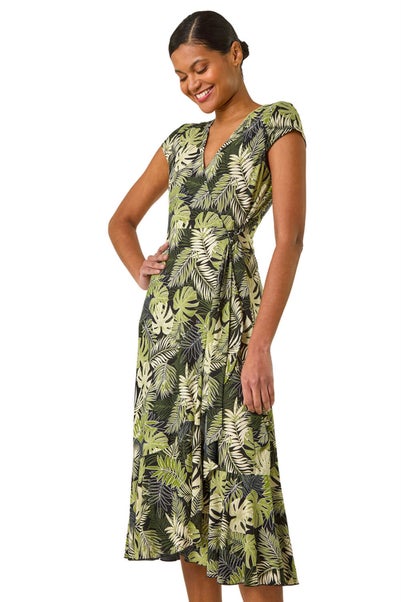 Roman Khaki Floral Stretch Midi Wrap Dress