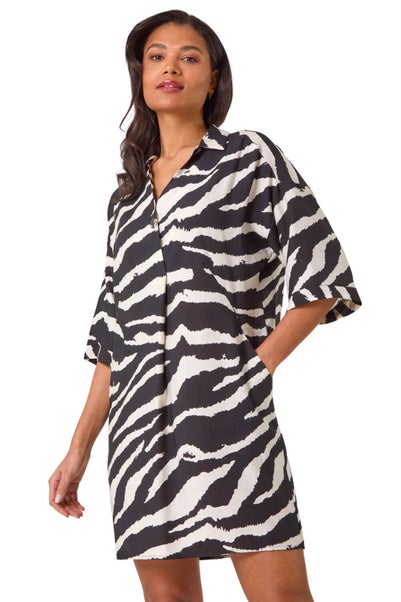 Roman Black Zebra Print Shirt Dress